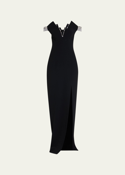 Pamella Roland Crystal-trimmed Crepe Gown In Blackwhite