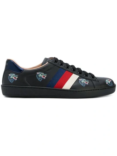 Gucci New Ace Wolf-embroidered Leather Trainers In Black