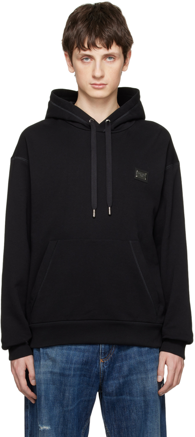 Dolce & Gabbana Black Hoodie With Plated Logo On The Chest In Cotton Man In Blue