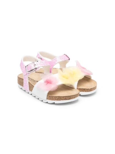 Monnalisa Kids' Floral-appliqué Open Toe Sandals In Glicine/panna