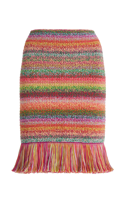 Oscar De La Renta Cotton Crochet Knit Mini Skirt W/fringes In Stripe