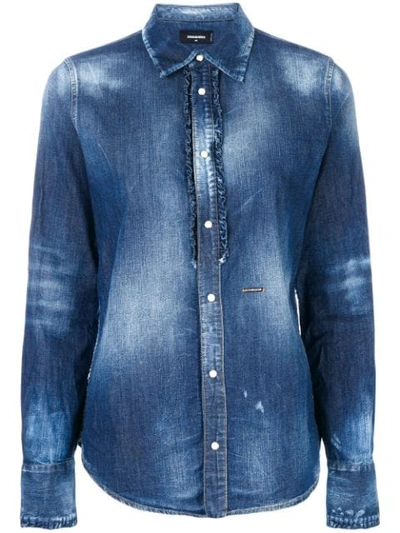 Dsquared2 Distressed Stretch Cotton Denim Shirt In Blue