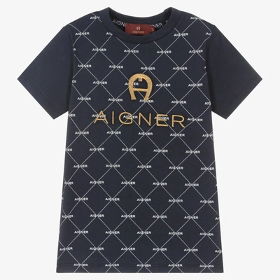 Aigner Babies'  Boys Navy Blue Cotton Logo T-shirt