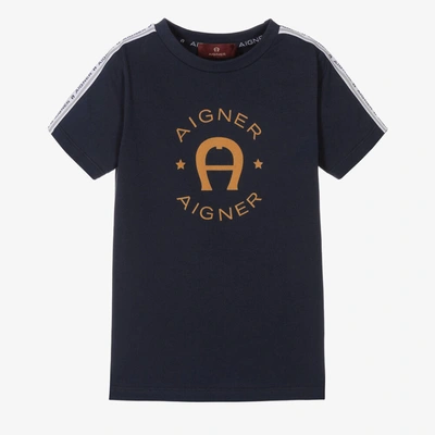 Aigner Babies'  Boys Navy Blue Cotton Flock Logo T-shirt