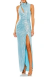 Mac Duggal Sleeveless High Neck Evening Gown In Powder Blue