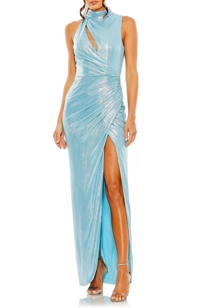 Mac Duggal Sleeveless High Neck Evening Gown In Peacock