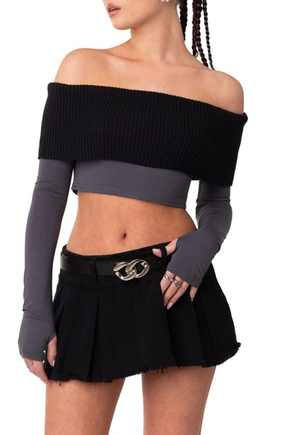 Edikted Alma Off The Shoulder Mixed Media Crop Top In Gray