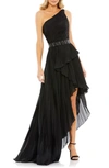 Mac Duggal Ruffle Pleated One-shoulder High-low Gown In Black