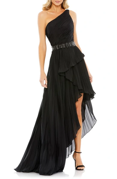 Mac Duggal Ruffle Pleated One-shoulder High-low Gown In Black
