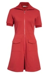 Moncler Zip Front Cotton Blend Piqué Dress In Red