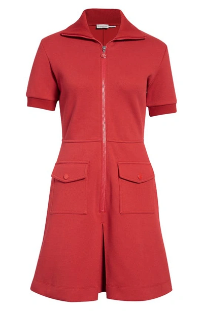 Moncler Zip Front Cotton Blend Piqué Dress In Red