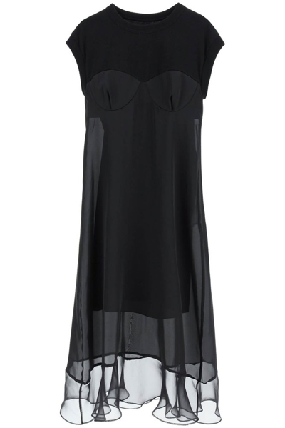 Sacai Mixed-media Bustier Midi T-shirt Dress In Black
