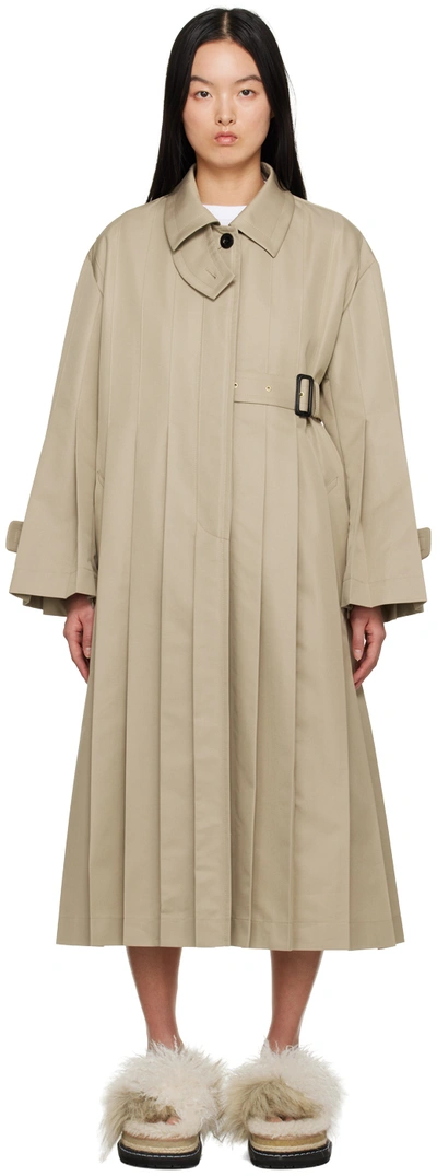 Sacai Belted-waist Pleated Trench Coat In Beige