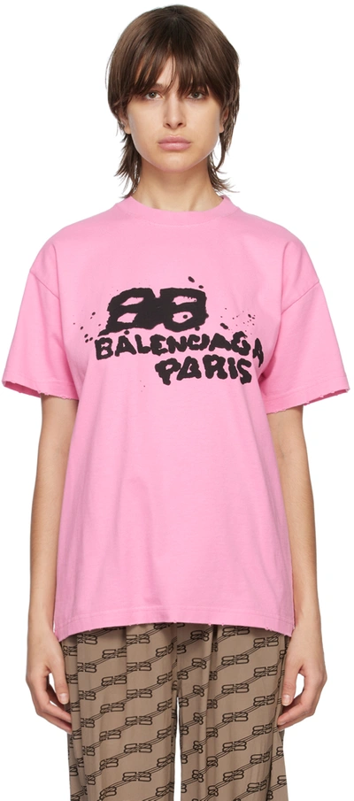 Balenciaga Medium Fit T-shirt With Dyed Logo In Rosa/nero