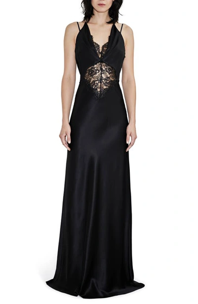 Et Ochs Maria Metallic Lace-trimmed Silk-satin Halterneck Gown In Floral Print/black