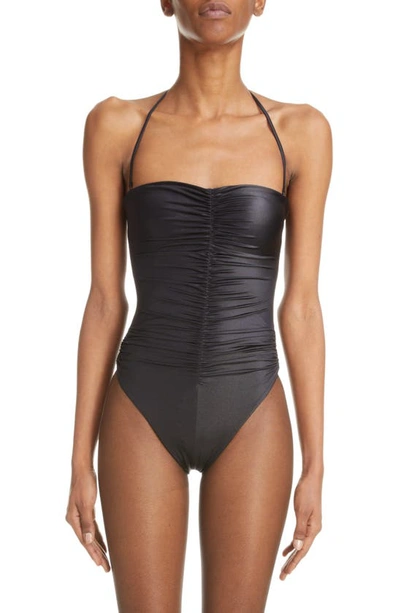 Saint Laurent Mdb Fonce Ruched Halter One-piece Swimsuit In Black