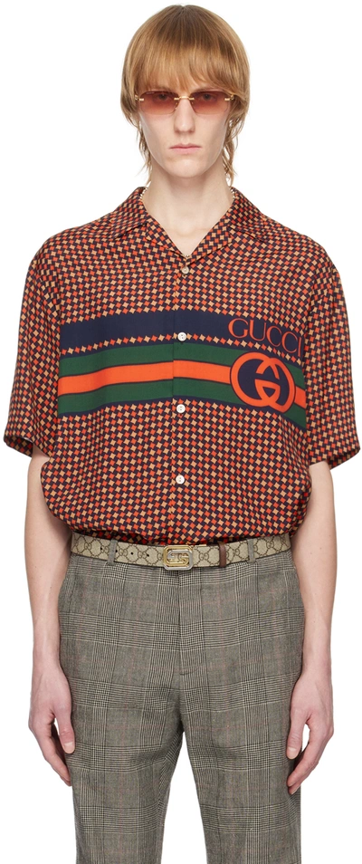 Gucci Geometric Houndstooth Print Bowling Shirt In Blue