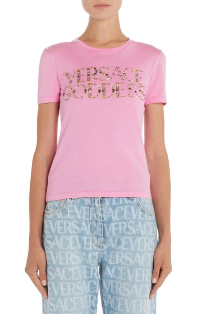 Versace Logo Embellished Crewneck T In Paradise