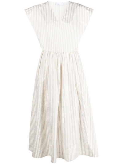 Fabiana Filippi Pinstripe Strong Shoulder Cotton Dress In Bianco/ Pergamena