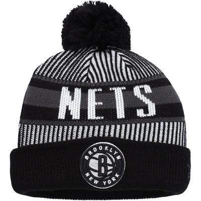 New Era Kids' Youth   Black Brooklyn Nets Stripe Cuffed Knit Hat With Pom