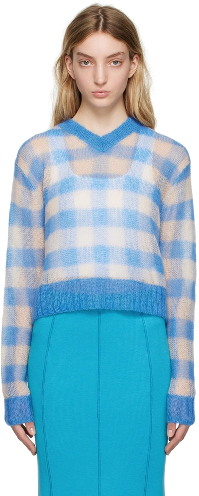 Acne Studios Kamba Vichy Gingham Open Knit Mohair & Wool Blend Sweater In Blue,light Beige