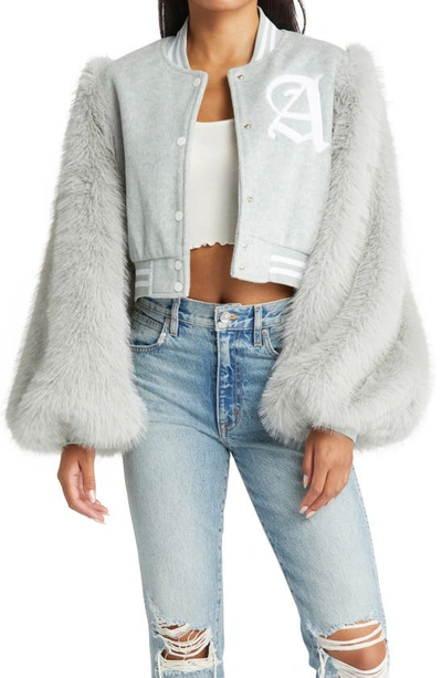 AZALEA WANG RUELA VARSITY FAUX FUR SLEEVE BOMBER JACKET 