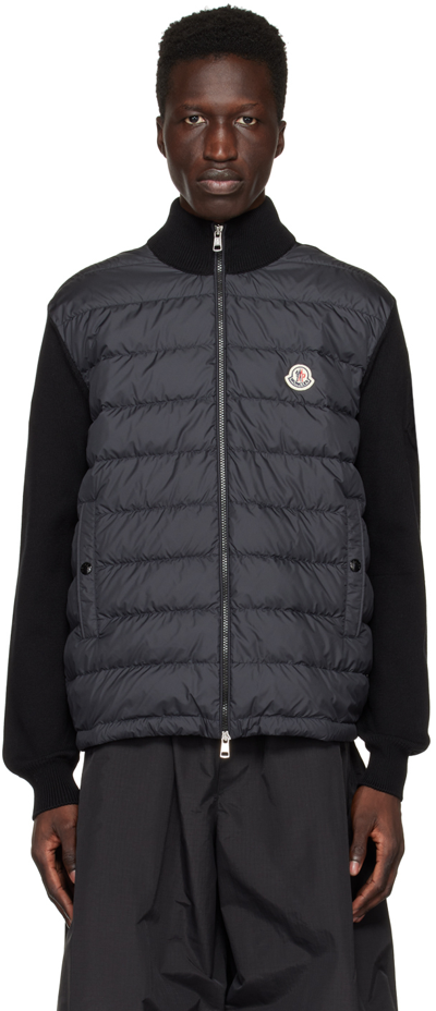 Moncler Mixed Media Zip Cardigan In Black