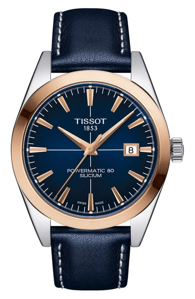Tissot Men's Swiss Automatic Gentleman Powermatic 80 Silicium Blue Leather Strap Watch 40mm