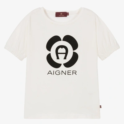 Aigner Babies'  Girls Ivory Cotton Logo T-shirt