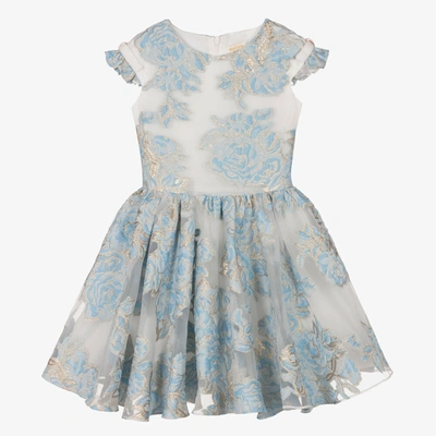 David Charles Kids' Girls Blue & Gold Floral Brocade Dress