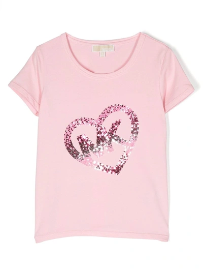 Michael Kors Teen Girls Pink Sequin Heart Logo T-shirt