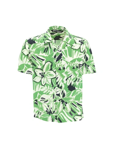 Palm Angels Macro Hibiscus Print Bowling Shirt In Green