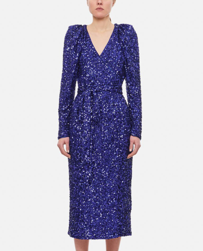 Rotate Birger Christensen Sequin Wide Shoulder Midi Dress In Blue