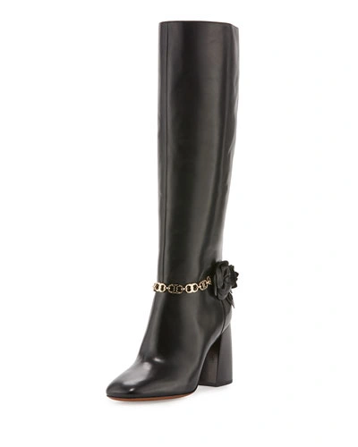 Tory Burch Blossom Leather 90mm Knee Boot, Black | ModeSens