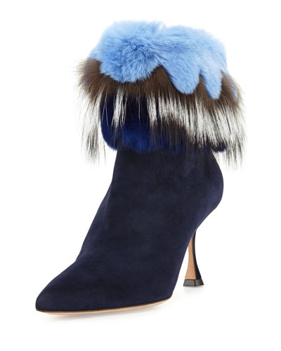 Manolo Blahnik Remola Fur-trim Suede Bootie, Navy Blue | ModeSens