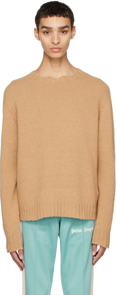 Palm Angels Beige Curved Sweater In Beige White