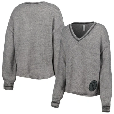 Lusso Gray Brooklyn Nets Scarletts Lantern Sleeve Tri-blend V-neck Pullover Sweater