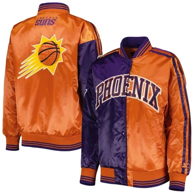 Starter Women's  Purple, Orange Phoenix Suns Split Colorblock Satin Full-snap Varsity Jacket In Purple,orange