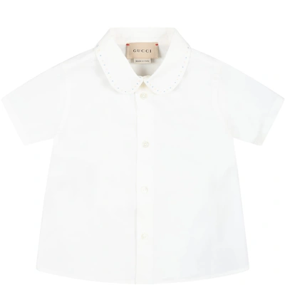 Gucci White Shirt For Baby Boy With Polka Dots In Ivory