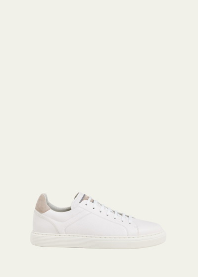 Brunello Cucinelli Men's Grained Calfskin Low-top Sneakers In White