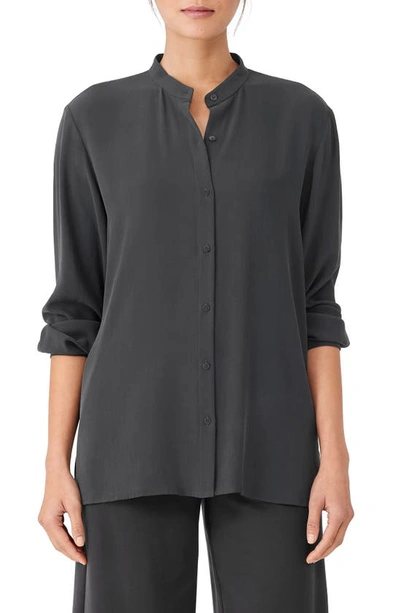 Eileen Fisher Mandarin Collar Silk Blouse In Graphite