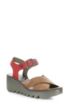 Fly London Bace Platform Wedge Sandal In Tan/cherry Red Verona Leather