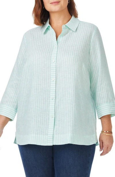 Foxcroft Harley Summer Stripe Linen Button-up Shirt In Sea Mist