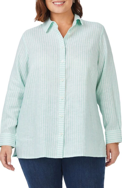Foxcroft Jordan Summer Stripe Linen Button-up Shirt In Sea Mist