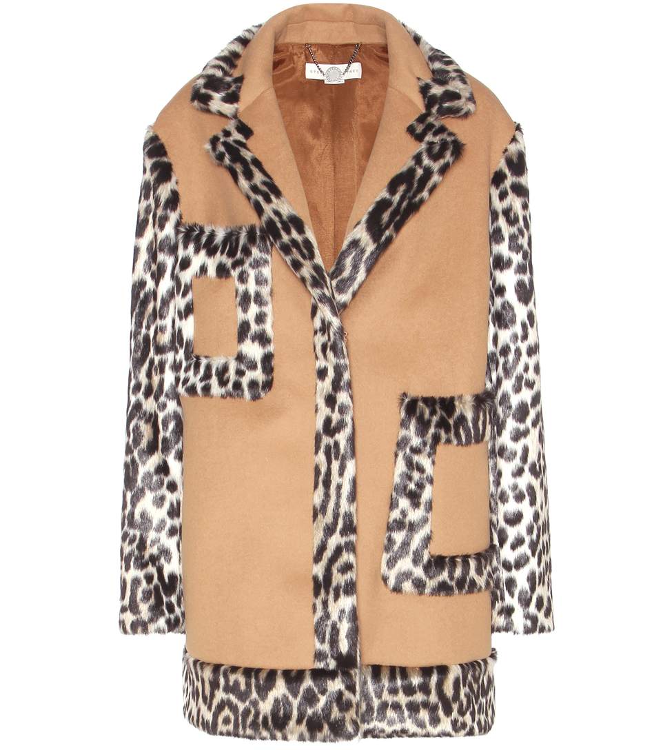 Stella Mccartney Colourblock Leopard Faux Fur Melton Coat In Camel ...