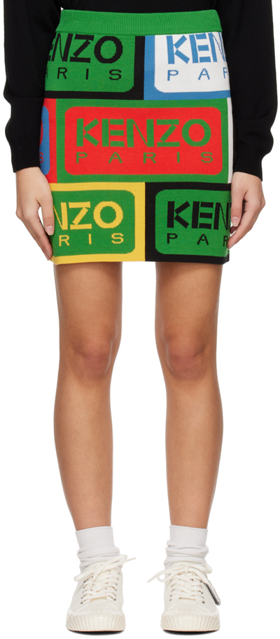 Kenzo Knitted Logo-pattern Mini Skirt In Green,multicolor