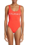 Balmain Logo Printed One Piece Swimsuit In Red