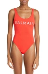Balmain Embellished Logo One-piece Swimsuit In Red