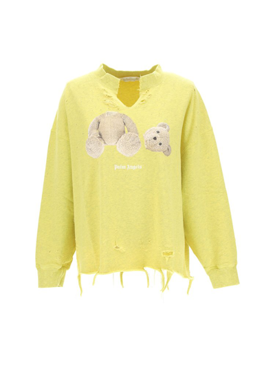 Palm Angels Distressed Bear Printed Sweatshirt In Giallo