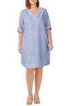 Foxcroft Harmony Roll-tab Three-quarter Sleeve Linen Shift Dress In Indigo
